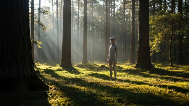 An alien stands alone in a sunlit forest, surrounded by tall trees and rays of light