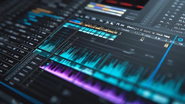 Digital audio workstation interface displaying colorful sound waveforms and editing tools.