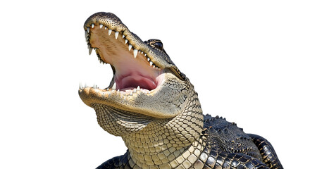 Fototapeta premium Close-up of an American alligator with its mouth wide open showing sharp teeth and pink interior a transparent background