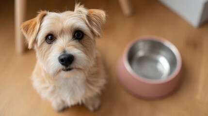 Cute dog sitting next to an empty food bowl looking expectantly at the camera.