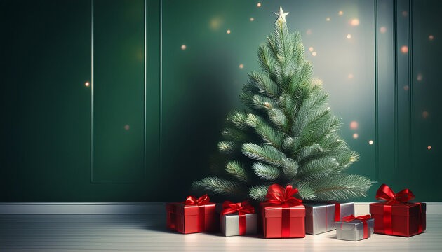 Christmas Tree In Green Red Silver Palette One Elegant Gift Box Under The Tree Wrapped In Silver Paper With Red Ribbon Soft Glow Clean Background Product Photography Style