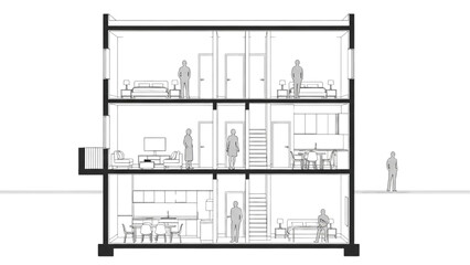 Detailed Architectural Cross-Section Revealing Interior Layouts and Vertical Functionality of a Modern Residential Structure