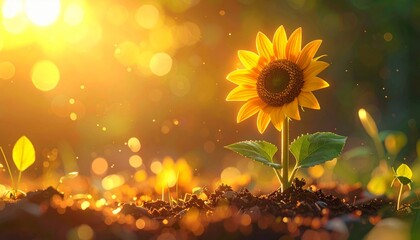 Young sunflower growing in soil with sunlight.