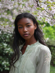 Fototapeta premium Portrait of a young black woman standing beneath blooming spring flowers in soft natural light