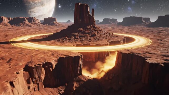 Otherworldly Landscape with Glowing Ring and Distant Planet