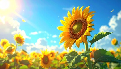 Vibrant Sunflower Field on a Sunny Day with Blue Sky.