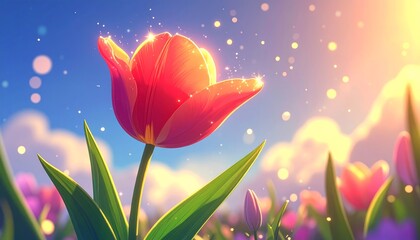 Vibrant Red Tulip in Bloom Under Sunny Sky.