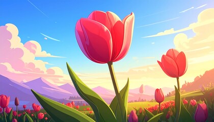 Vibrant Tulips in a Serene Landscape at Sunset.
