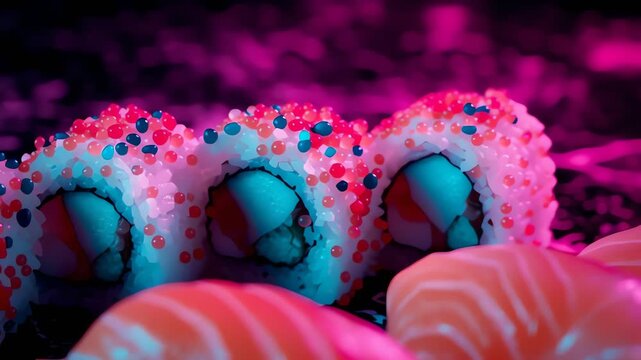 Close-up of colorful sushi rolls and fresh salmon sashimi illuminated by vibrant pink and blue lights.