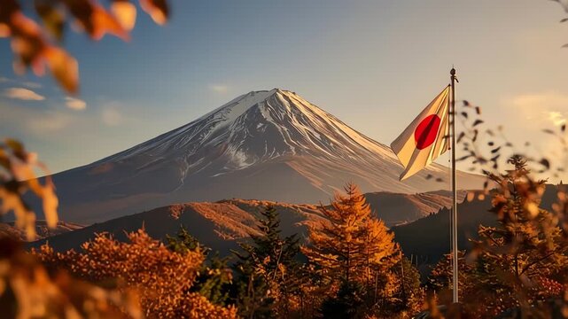 The Japanese flag waves proudly in front of the majestic Mount Fuji during a vibrant autumn sunset.
