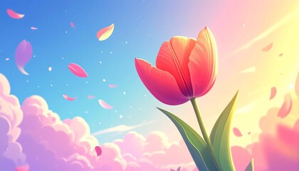 Vibrant Tulip Blooming in a Dreamy Sky with Soft Pink Clouds.