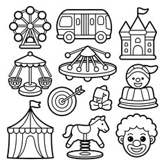 Carnival Amusement Park Coloring Page Icons &ndash; Fun Fair Rides Vector Line Art for Kids