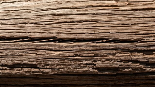 Close-up of weathered wooden log surface, showing deep cracks and textured grain