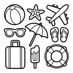 Summer Vacation Icons Vector Coloring Page &ndash; Beach Travel Line Art for Kids & Adults