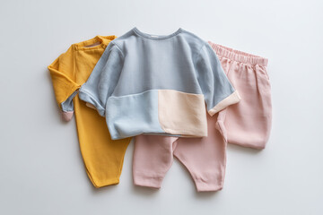 Fototapeta premium Pastel colored children's clothing in a simple and adorable style on a white background.