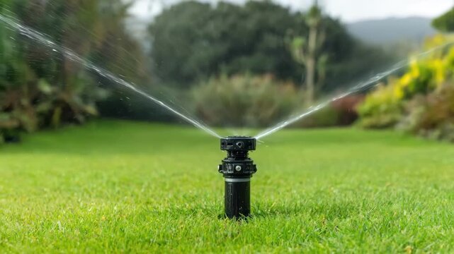 Medium shot of a spraytype automatic sprinkler modulating its water output emphasizing wideangle distribution and misting action over a green lawn.