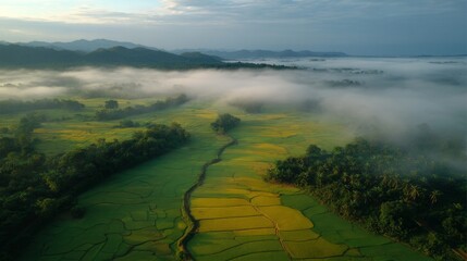 Obraz premium Early Morning Light Over Rice Fields with Mist and Rolling Hills in Scenic Landscape