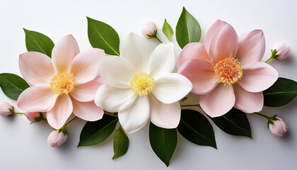 Three Delicate White And Pink Blooming Flowers With Surrounding Green Leaves Against A Plain White Background