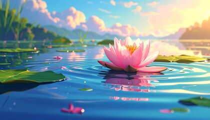 Serene lotus flower blooming in a peaceful lake at sunrise.