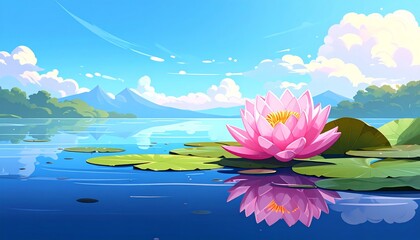 Serene lake with pink lotus flower and lush greenery.