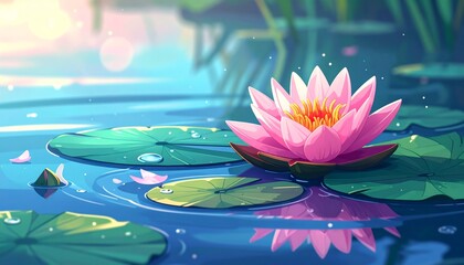 Serene Pink Water Lily Floating on Calm Pond Water.