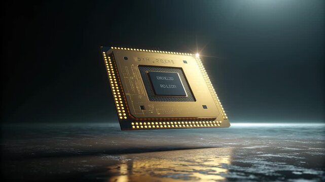 Golden computer chip with glowing electronic circuit floating above reflective surface showcasing advanced microchip technology and futuristic