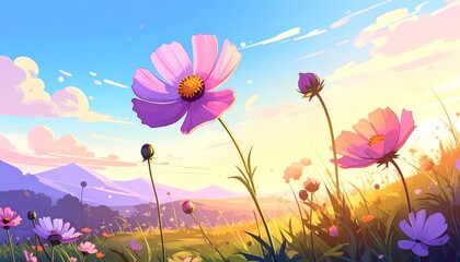 Vibrant flowers in a serene landscape at sunset.