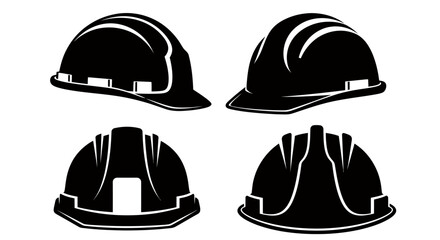 Set of four different black construction safety helmets isolated on white background.