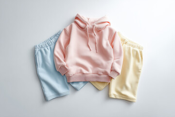 Fototapeta premium Pastel colored children's clothing in a simple and adorable style on a white background.