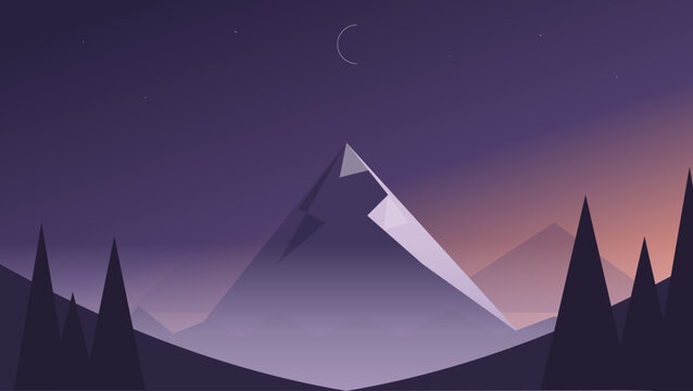 Night Mountain Landscape Vector Illustration, Minimal Dark Nature Background with Moonlight Sky, Abstract Twilight Scenery, Atmospheric Outdoor Design for Weather App Background, Mobile UI, Website.