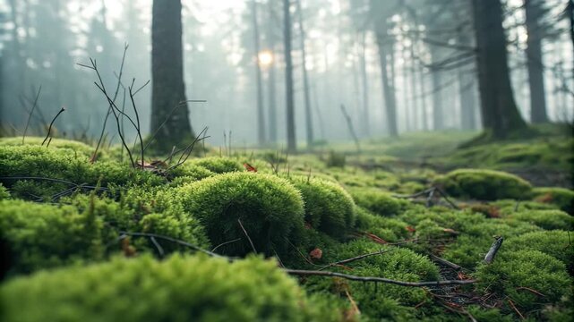 Moss field misty forest with soft green moss covering ground and tree trunks, moss forest ground with scattered twigs and tall trees calm peaceful