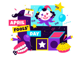 Fototapeta premium Happy April Fools Day Celebration Illustration Featuring A Jester Hat And Surprise Box To Trick People In Flat Cartoon Holiday Style Background