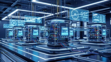 Fototapeta premium Futuristic server room with glowing blue lights, cables, and data displays