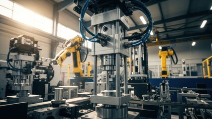 Industrial factory interior with robotic arms and machinery under bright overhead lighting