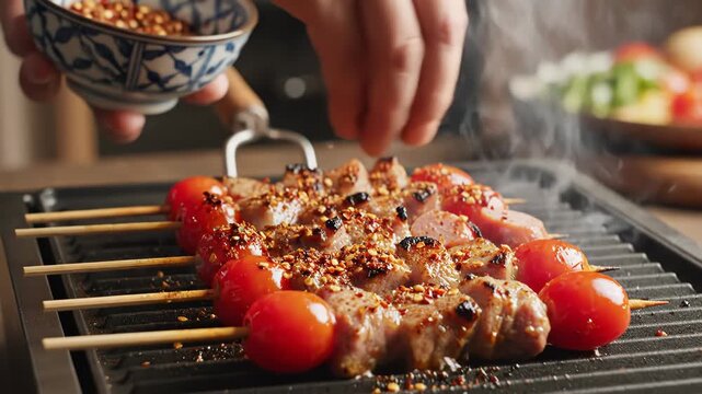 Grilled meat and tomato skewers being seasoned with spices on a grill 4k video