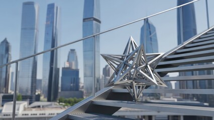 Obraz premium Metallic star sculpture on rooftop stairs, urban skyscrapers backdrop, sunny day