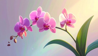 Beautiful Pink Orchid Flowers with Green Leaves.