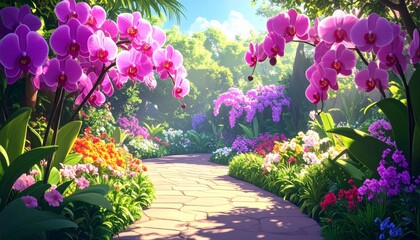 Vibrant flowers lining a serene garden pathway on a sunny day.