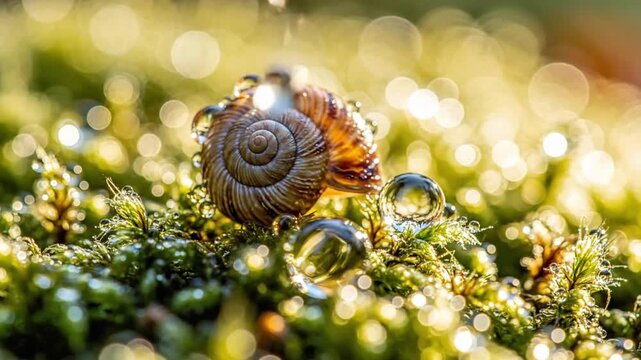 Snail shell on moss with dew drops in soft focus