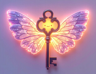 やさしく光を放つ羽根のついた鍵を描いたファンタジーイメージ。夢や希望、扉を開く象徴を可愛らしい世界観で表現。物語性のあるビジュアルとして、ファンタジー系デザイン、ゲーム、Web、広告背景に最適な幻想的イラスト。