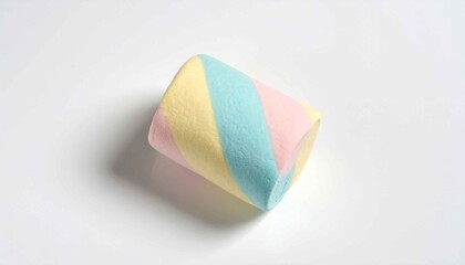 白背景に置かれたカラフルなマシュマロをミニマルに表現したイメージ。やさしい色合いとシンプルな構図が、お菓子やスイーツ、可愛いデザイン素材として使いやすい。広告、パッケージ、Web、バナーに最適なスイーツ背景。