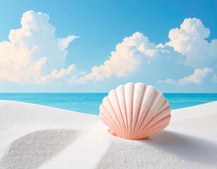 白い砂浜にそっと置かれた淡いピンク色の貝殻と、青い海と空が広がるミニマルな夏の風景。やさしい光と余白が、癒しや静けさ、リラックスした時間を表現。夏休み、リゾート、旅行、ヒーリング、Webデザインや広告背景に使いやすい爽やかなAIイメージ。