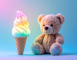 パステルカラーに輝くレインボーアイスとくまのぬいぐるみを組み合わせた、夢のようなスイーツファンタジー。楽しさや幸福感を表現し、子供向け・SNS・広告に映えるポップなビジュアル。