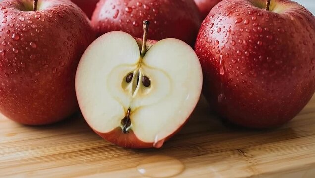Freshly Cut Apple with Dripping Juice and Water Droplets on Wooden Surface
