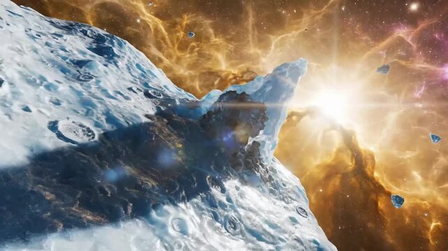 Icy asteroid in a vibrant cosmic landscape
