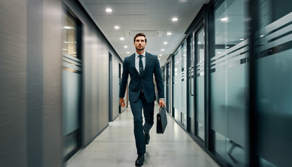 Fototapeta premium Confident businessman in a dark suit walking purposefully down a modern office corridor with a briefcase.