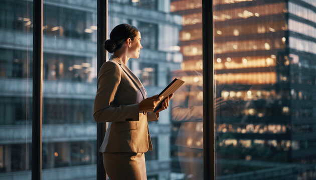 Professional businesswoman holding a tablet, looking out a large office window at a city skyline during sunset.