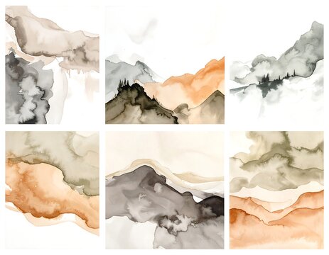 Collection of abstract watercolor landscapes, earth tones on white backgrounds