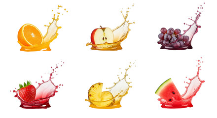 Assortment of Fresh Fruit Juices Splashing Vividly.