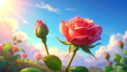 Beautiful pink rose flowers blooming in a sunny garden.